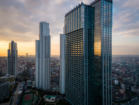 Istanbuls glass and concrete skyscrapers, home to offices, hotels, and residential complexes. Aerial drone viewの写真素材