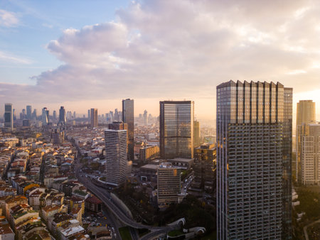 Istanbuls glass and concrete skyscrapers, home to offices, hotels, and residential complexes. Aerial drone viewの写真素材