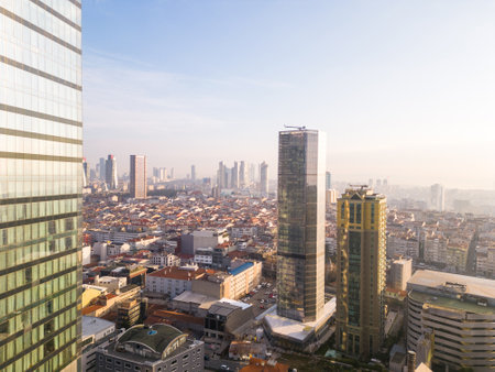 Istanbuls glass and concrete skyscrapers, home to offices, hotels, and residential complexes. Aerial drone viewの写真素材