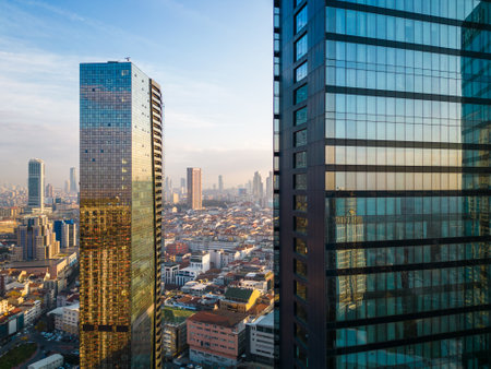 Istanbuls glass and concrete skyscrapers, home to offices, hotels, and residential complexes. Aerial drone viewの写真素材