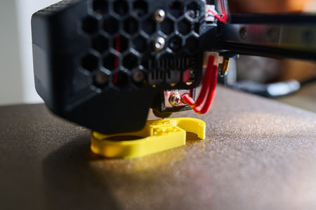 3D printer printing a part made of yellow plastic, close-up viewの写真素材