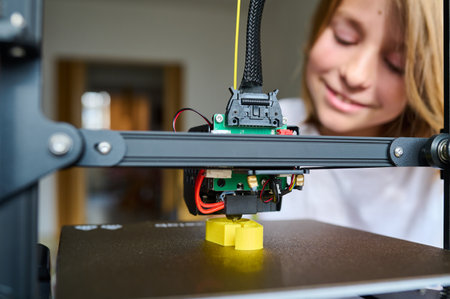 A 10-year-old boy watches the 3D printing process with rapt attentionの写真素材