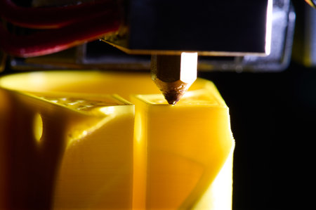 3D printer printing a part made of yellow plastic, close-up viewの写真素材