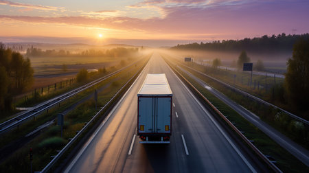 A freight truck races down the highway, ensuring punctual delivery of valuable cargo, symbolizing the commitment to timely and reliable transportationの素材