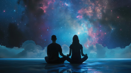 A couple meditates in the center of the universe, surrounded by cosmic energy and infinite space, symbolizing inner peace and spiritual connectionの素材