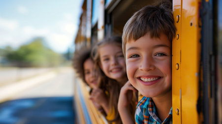 Children with smiles peek out of the school bus, ready for new educational adventures.の素材