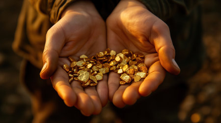 A stunning close-up of raw, golden nuggets in a miners hands, catching the light and gleaming with richesの素材