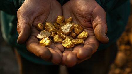 A stunning close-up of raw, golden nuggets in a miners hands, catching the light and gleaming with richesの素材