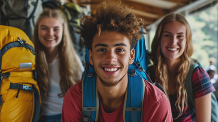group of cheerful backpackers enjoying their stay in a hostel. With their smiling faces and relaxed demeanorの素材