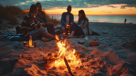 happy people on a cozy picnic on the beach in the evening selective focuse positive vibe campfireの素材