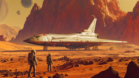 A group of human colonizers is shown disembarking from a spacecraft and setting foot on the barren surface of Marsの素材