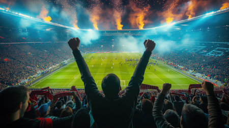 In a soccer stadium, lights illuminate the exuberant scene as fans cheer passionately, creating an electrifying atmosphere of excitementの素材
