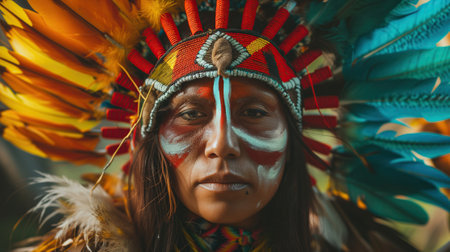 Indian shaman woman adorned with colorful feathers, who appears to be deeply inspired and engaged in an ayahuasca ceremonyの素材