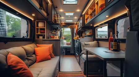 Modern caravans, trailers, and campers feature stylish and functional interior designs with a range of amenities for a comfortable mobile living experienceの素材
