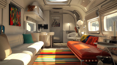 Modern caravans, trailers, and campers feature stylish and functional interior designs with a range of amenities for a comfortable mobile living experienceの素材