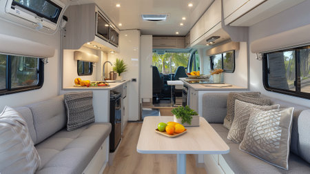 Modern caravans, trailers, and campers feature stylish and functional interior designs with a range of amenities for a comfortable mobile living experienceの素材
