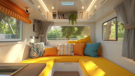 Modern caravans, trailers, and campers feature stylish and functional interior designs with a range of amenities for a comfortable mobile living experienceの素材