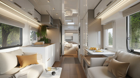 Modern caravans, trailers, and campers feature stylish and functional interior designs with a range of amenities for a comfortable mobile living experienceの素材