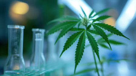 marijuana leaf with blurred laboratory equipment in the background, symbolizing the connection between the plant and scientific researchの素材