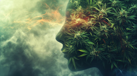 A face profile filled with hemp leaves symbolizes marijuana use. Art becomes a reflection of cultural and social perspectivesの素材