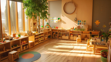 Light class in Montessori kindergarten. wooden childrens table with chairs in the foregroundの素材