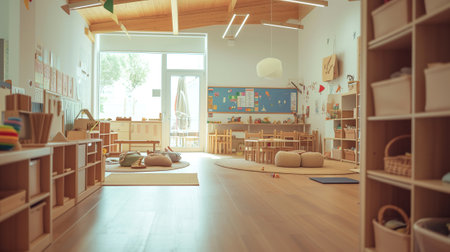 Light class in Montessori kindergarten. wooden childrens table with chairs in the foregroundの素材