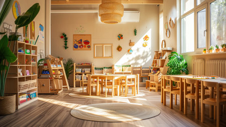 Light class in Montessori kindergarten. wooden childrens table with chairs in the foregroundの素材