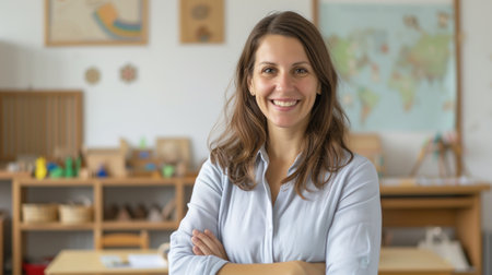 portrait of a kind female Montessori kindergarten teacher in a kindergarten with children, slight smile, candid.の素材