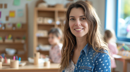 portrait of a kind female Montessori kindergarten teacher in a kindergarten with children, slight smile, candid.の素材