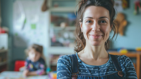 portrait of a kind female Montessori kindergarten teacher in a kindergarten with children, slight smile, candid.の素材