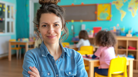 portrait of a kind female Montessori kindergarten teacher in a kindergarten with children, slight smile, candid.の素材
