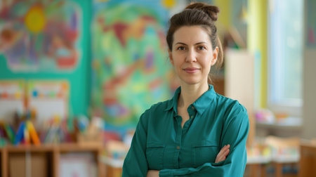 portrait of a kind female Montessori kindergarten teacher in a kindergarten with children, slight smile, candid.の素材