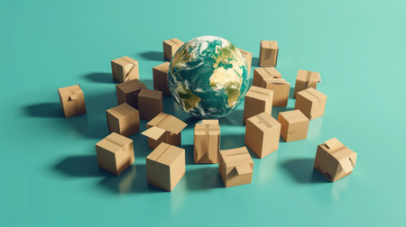 The illustration depicts the seamless delivery of packages worldwide, with a globe surrounded by cardboard boxes symbolizing the interconnectedness of our world through logistics.の素材