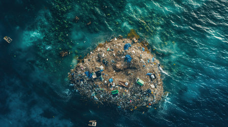 Trash island in the ocean, a stark reminder of the environmental impact of human waste. A floating mass of discarded plastics and debris, threatening marine ecosystems.の素材