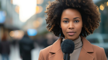 A female journalist is reporting news, holding a microphone and looking into the camera.の素材