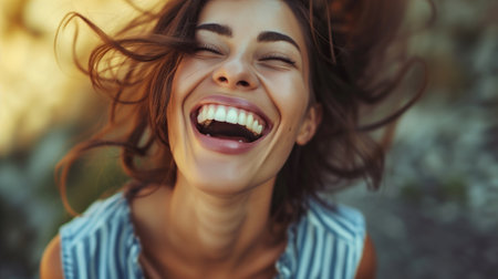 beautiful woman laughs with frantic happiness.の素材