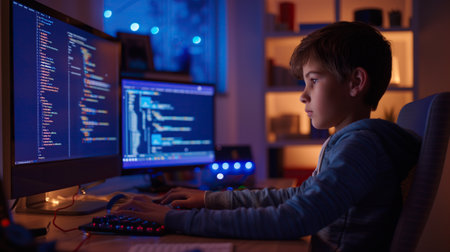 A boy is immersed in programming, creating and implementing software with coding. It fosters problem-solving skills and logical reasoning, contributing to tech proficiency.の素材