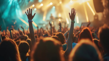 A lively music festival captivates a diverse crowd from behind. The collective energy pulses through, celebrating the universal language of music in a joyous atmosphere.の素材