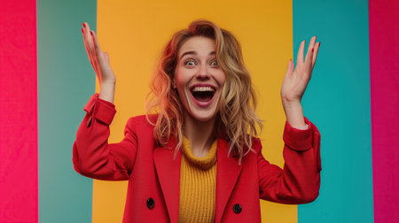 Oh my goodness, ecstatic delight and amusement Feminine fashion sense, stylish facial expressions conveying a concept of elegance. Detailed portrait of an impressed, joyful, and lively caucasian lady, full-body shot, vibrant hues, cheerful, bright background.の素材