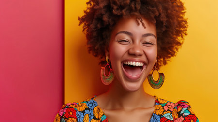 Oh my goodness, ecstatic delight and amusement Feminine fashion sense, stylish facial expressions conveying a concept of elegance. Detailed portrait of an impressed, joyful, and lively caucasian lady, full-body shot, vibrant hues, cheerful, bright background.の素材