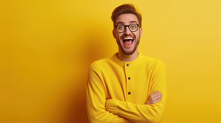 Oh my goodness, ecstatic delight and amusement facial stylish expressions conveying a concept of elegance. Detailed portrait of an impressed, joyful, and lively caucasian man, full-body shot, vibrant hues, cheerful, bright background.の素材