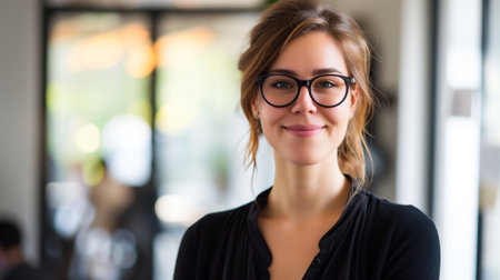 office woman radiating energy and friendliness. A master of her craft, she embodies elegance in every detail, inspiring others with her optimism and professionalism.の素材