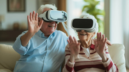 An elderly couple enjoys virtual reality through their VR headsets, immersing themselves in a new world of experiences.の素材