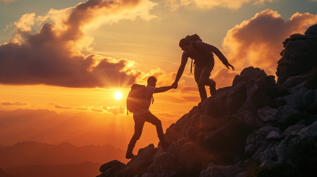 Two guys are hiking in the mountains, one reaches out his hand and helps the other climb up the rock against sunset.の素材