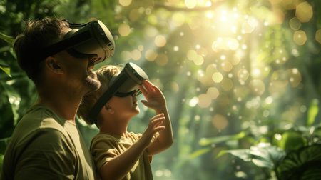 Two Boys in a virtual reality helmet embarks on a magical journey. Transported to fantastical realms, his wide-eyed exploration unfolds in a digital wonderland, where imagination knows no bounds.の素材
