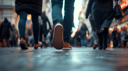 A diverse group of individuals walking together down a bustling city street, busy with footの素材