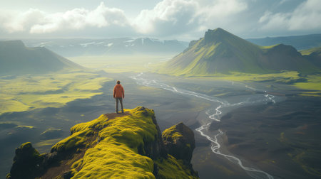 A lone traveler stands atop a vibrant green hill, gazing at the surroundings.の素材