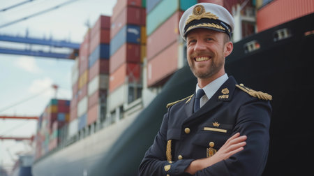 A smiling captain man in uniform stands proudly in front of a massive ship.の素材