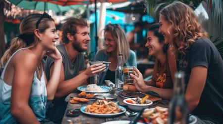 A diverse group of individuals sitting around a table, enjoying a meal together.の素材