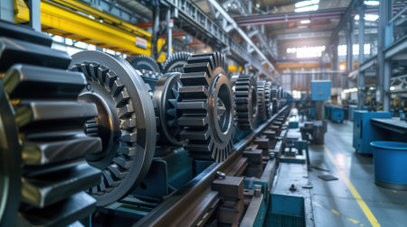 A dynamic scene showcasing the modern manufacture of big gears in a substantial machine shop with a wide range of machinery.の素材